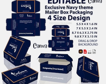 May include: Navy blue mailer box packaging design with gold accents. The image shows various views of the box, including flat layouts and assembled boxes. Text includes "EDITABLE Canva" and size dimensions in inches.