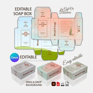 May include: An editable soap box template with a watercolor design in shades of pink, blue, and green. The design includes the text "Brand & Logo" and "Soap Packaging Box". The image also shows a 3D rendering of the box.