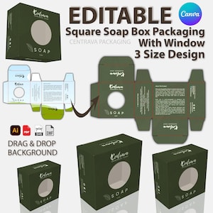 Może przedstawiać: Ciemnozielone kwadratowe opakowanie na mydło z oknem, z tekstem "SOAP" i "Centrava Handmade Soap". Projekt zawiera 3-rozmiarowy design oraz słowa "EDITABLE" i "DRAG & DROP BACKGROUND".