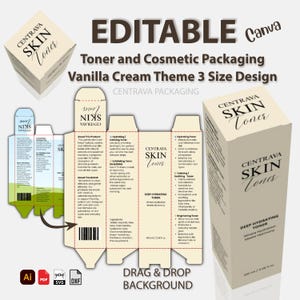May include: A beige cosmetic packaging design with the text "CENTRAVA SKIN Toner" in a script font. The design includes a box, a flat template, and the words "EDITABLE Canva" and "DRAG & DROP BACKGROUND". The packaging is for a vanilla cream theme.