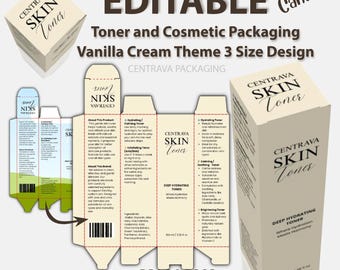 May include: A beige cosmetic packaging design with the text "CENTRAVA SKIN Toner" in a script font. The design includes a box, a flat template, and the words "EDITABLE Canva" and "DRAG & DROP BACKGROUND". The packaging is for a vanilla cream theme.