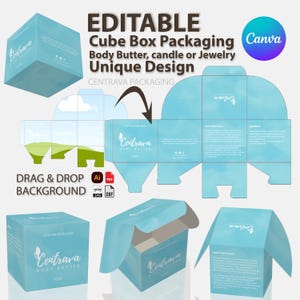 Op de afbeelding: Lichtblauw kubusvormig doosontwerp voor body butter, kaarsen of sieraden. Het ontwerp bevat de tekst "EDITABLE Cube Box Packaging" en "Centrava Body Butter". Het ontwerp is uniek en maakt een drag-and-drop achtergrond mogelijk.