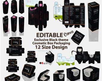 May include: A collection of black cosmetic box packaging designs in various sizes and styles. The boxes feature the text "SKIN Lover" and "besty Candles". The image also includes the text "EDITABLE Canva Exclusive Black theme Cosmetic Box Packaging 12 Size Design".