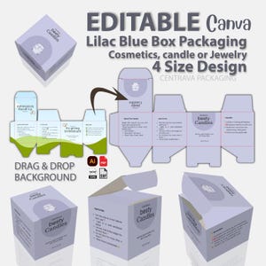 Könnte beinhalten: Fliederblaue Box-Verpackungsdesign für Kosmetika, Kerzen oder Schmuck. Das Design beinhaltet eine 4-Größen-Option. Der Text auf der Box lautet "besty Candles". Das Design ist in Canva editierbar.