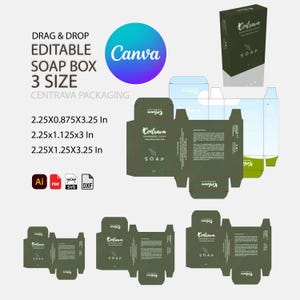 Può includere: Un design di scatola di sapone verde oliva con il testo "Centrava Handmade Soap". Il design include tre dimensioni: 5,7x2,2x8,3 cm, 5,7x2,9x7,6 cm e 5,7x3,2x8,3 cm. Il design è modificabile e disponibile in più formati di file.
