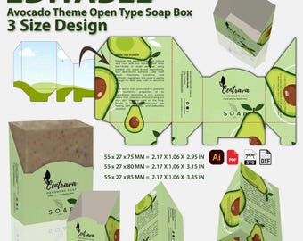 Plantilla Canva de caja de jabón de aguacate (3 tamaños): Diseño de empaque editable en Canva para cosméticos o cuidado de la piel.