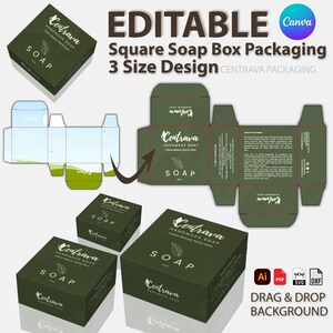 May include: Dark green square soap box packaging design with the text "EDITABLE" and "Square Soap Box Packaging 3 Size Design". The box features the "Centrava Handmade Soap" logo and the word "SOAP". Includes a drag and drop background.