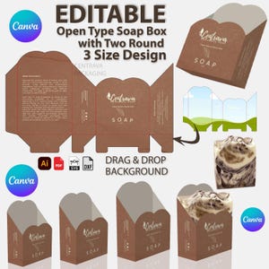 Puede incluir: Un diseño de caja de jabón abierta de color marrón, con un diseño de dos redondos y tres tamaños. La caja presenta el texto "Centrava Handmade Soap" y "SOAP". La imagen también muestra la caja en diferentes etapas de montaje y con una pastilla de jabón en su interior.