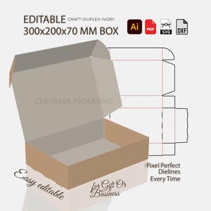 Printable Shipping Box SVG | 300x200x70mm Self Locking Packaging Cut File | PDF DXF Ai Files