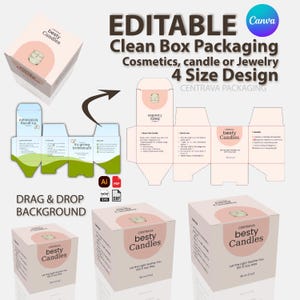 Op de afbeelding: Een afbeelding met een schoon doosverpakkingsontwerp voor cosmetica, kaarsen of sieraden. Het ontwerp bevat de tekst "besty Candles" en "Let the Light Soothe You 100% Soy Wax". Het ontwerp is bewerkbaar en heeft een drag-and-drop achtergrond.