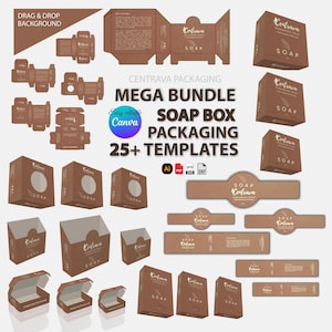 May include: A collection of brown soap box packaging templates, including assembled boxes, flat designs, and labels. The text includes "Centrava Packaging", "Mega Bundle", "Soap Box Packaging", and "25+ Templates".
