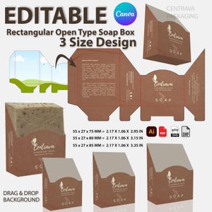 Mall för tvållåda i 3 storlekar: Rektangulär öppen typdesign, redigerbar canvasförpackning för kosmetika eller hudvård