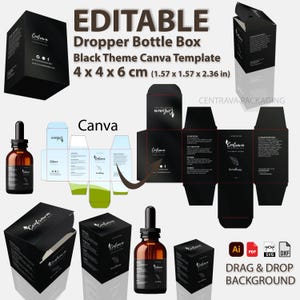 Black theme Dropper Bottle Box Template Editable in Canva | Serum Packaging Box | Skincare Box Design | Box Essential Oil for your Brand kit
