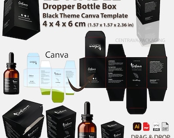 Black Dropper Bottle Box Template: 10ml Serum Packaging (Canva Editable, Digital Download, 4x4x6cm)