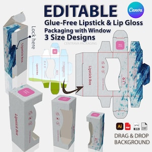 Puede incluir: Un diseño de embalaje editable para lápiz labial y brillo labial con ventana, en tres tamaños. El diseño no lleva pegamento y presenta un fondo de arrastrar y soltar. El embalaje es gris claro con detalles en azul y blanco y el texto "Lipstick Box".