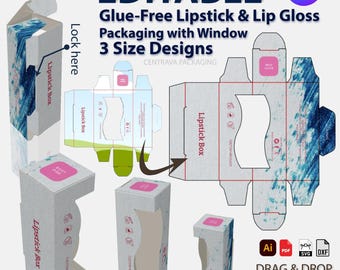 Bundle 3 sizes Glue Free Lipstick or Lip balm Box Editable Canva Template| Lipstick Packaging | Dropper Bottles Box Design for Branding