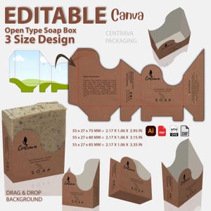 May include: An editable Canva template for an open-type soap box design, with three size options. The design features a brown box with a soap bar, and the text "HANDMADE SOAP" and "SOAP". The dimensions are 55 x 27 x 75, 80, and 85 mm.