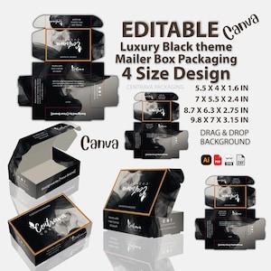 Modello di scatola postale nera e oro: kit per imballaggio di lusso (modificabile con Canva, linee di fustellatura incluse)