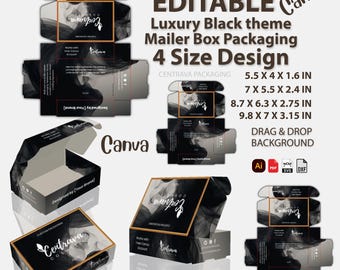May include: Black mailer box packaging with a luxury theme, featuring the text "EDITABLE Canva" and "4 Size Design". The boxes come in four sizes: 5.5 x 4 x 1.6 in, 7 x 5.5 x 2.4 in, 8.7 x 6.3 x 2.75 in, and 9.8 x 7 x 3.15 in. The design includes a drag and drop background.