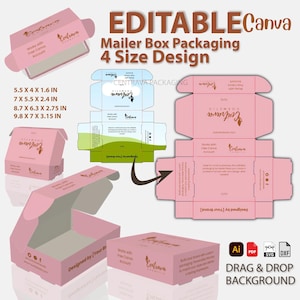 Bundle 4 Size Exclusive Pink Theme Mailer Box Template for Canva  | Editable Cosmetic Packaging kit | Custom Shipping Box for Branding