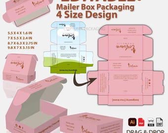Bundle 4 Size Exclusive Pink Theme Mailer Box Template for Canva  | Editable Cosmetic Packaging kit | Custom Shipping Box for Branding