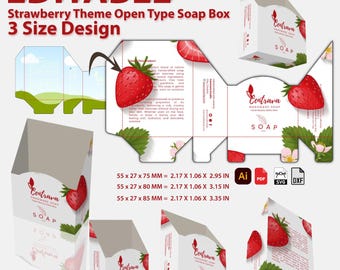 Plantilla Canva de caja de jabón de fresa (3 tamaños): Diseño de empaque editable (SVG, DXF, PDF con troquel incluido)