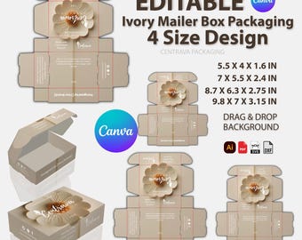 Bundle 4 Sizes Mailer Box Canva Template Ivory Theme | Editable Mailer Packaging | Skincare and BodyCare or Gift Box Design | for Branding