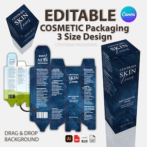 Könnte beinhalten: Design für Kosmetikverpackungen in Marineblau für "CENTRAVA SKIN Toner". Das Bild zeigt ein 3-Größen-Design-Layout mit den Wörtern "EDITABLE COSMETIC Packaging" und "DRAG & DROP BACKGROUND".