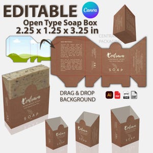 Puede incluir: Diseño de caja de jabón de tipo abierto marrón con el texto "EDITABLE" y "Open Type Soap Box 5.7 x 3.2 x 8.3 cm". La caja presenta el logotipo "Centrava Handmade Soap". Incluye una pastilla de jabón.