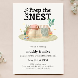 Peut inclure: Une invitation à une baby shower avec le texte "Let's Prep the Nest". L'invitation comprend une illustration d'un berceau avec un ours en peluche et une couverture. L'invitation comprend également les noms "maddy & mike" et les détails de l'événement.