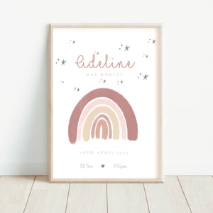 New Baby Print, Birth Print, Unframed, Personalised Baby Gift, Birth Details Print, Birth Stats, Pink Nursery Decor, Rainbow