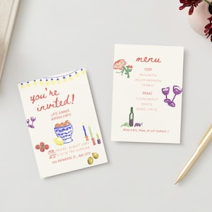 May include: A colourful invitation card with the text "you're invited!" and details for a late summer garden party. The card features a bowl of fruit, a lemon, and a string of lights.