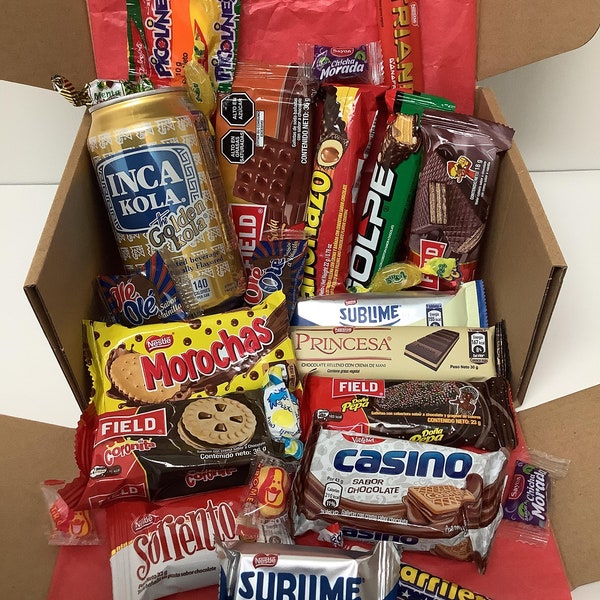 Peruvian Snack Box Variety Pack with 28 Pieces (Sweets, Chocolate, Cookies, Inca Kola Drink)