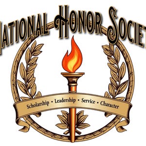 May include: A gold and brown logo with a torch and laurel wreaths. The text "NATIONAL HONOR SOCIETY" is in a stylized font. The text "Scholarship - Leadership - Service - Character" is on a banner below the torch.