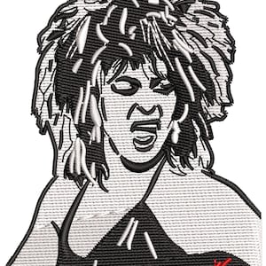May include: Black and white embroidered patch of a woman with large hair and a black swimsuit. The patch has a red signature in the bottom right corner.