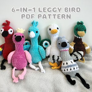 May include: Six crocheted stuffed bird toys, including a flamingo, peacock, goose, duck, and two other birds. The birds are all sitting on a white fluffy blanket. The text "6-IN-1 LEGGY BIRD PDF PATTERN" is at the top of the image.