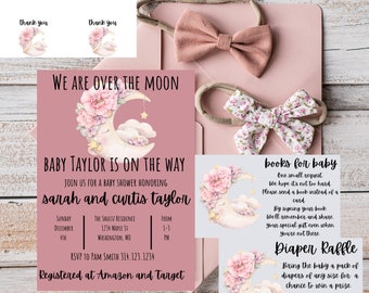 Over The Moon - Baby Girl Invitation, Thank You Note, Diaper Raffle and Books for Baby Cards