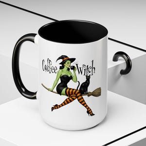 Coffee Witch Mug: Retro Halloween Pinup, 15oz Ceramic