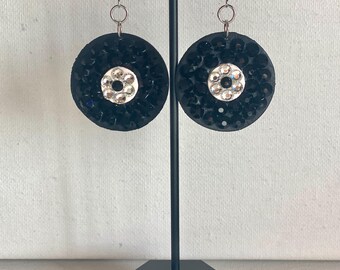 Rhinestone Vinyl Record Earrings, Retro Music Lover Dangles, Sparkly Gold and Silver Record Jewelry, Music Festival Earrings Handmade