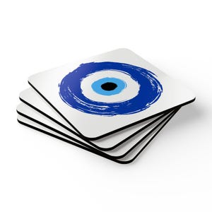Evil Eye Corkwood Coaster Set, Evil Eye Protection Coasters, Nazar Home Decor Gift, Housewarming Coaster Gift Set, Evil Eye Kitchen Decor