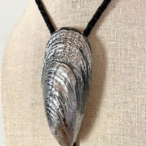 May include: A silver and black bolo tie featuring a shell-shaped pendant. The pendant has a textured surface and is suspended from a black braided leather cord. The bolo tie is displayed against a neutral-colored background.
