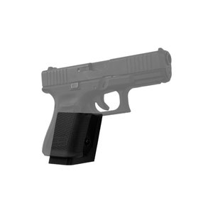 May include: Black polymer pistol grip extension for a Glock handgun. The extension adds extra grip surface and length to the pistol.