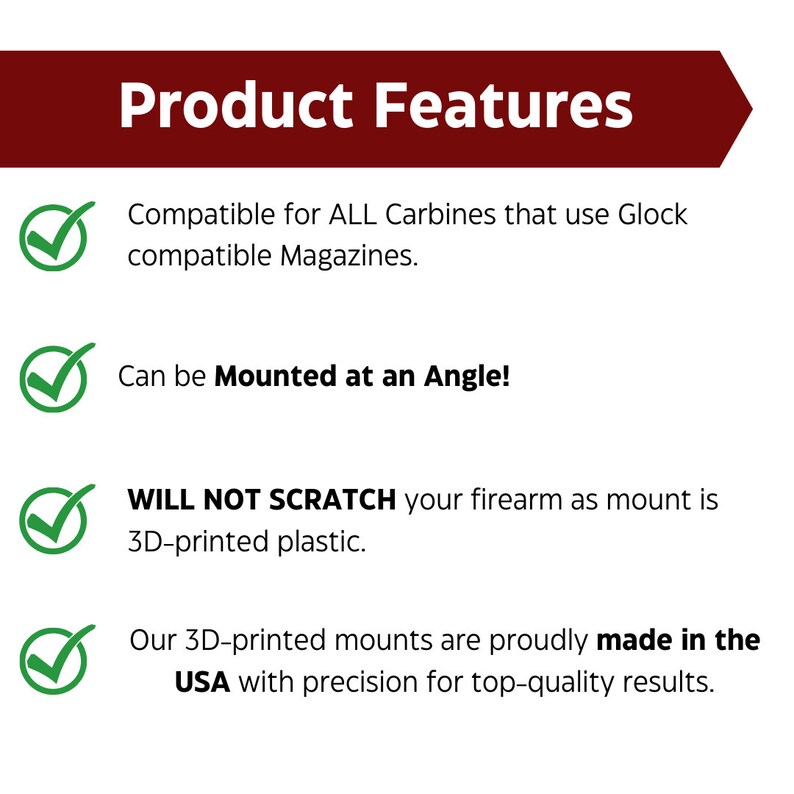 May include: A checklist of product features for a 3D-printed magazine mount. The features include compatibility with Glock magazines, mounting at an angle, and being made in the USA.
