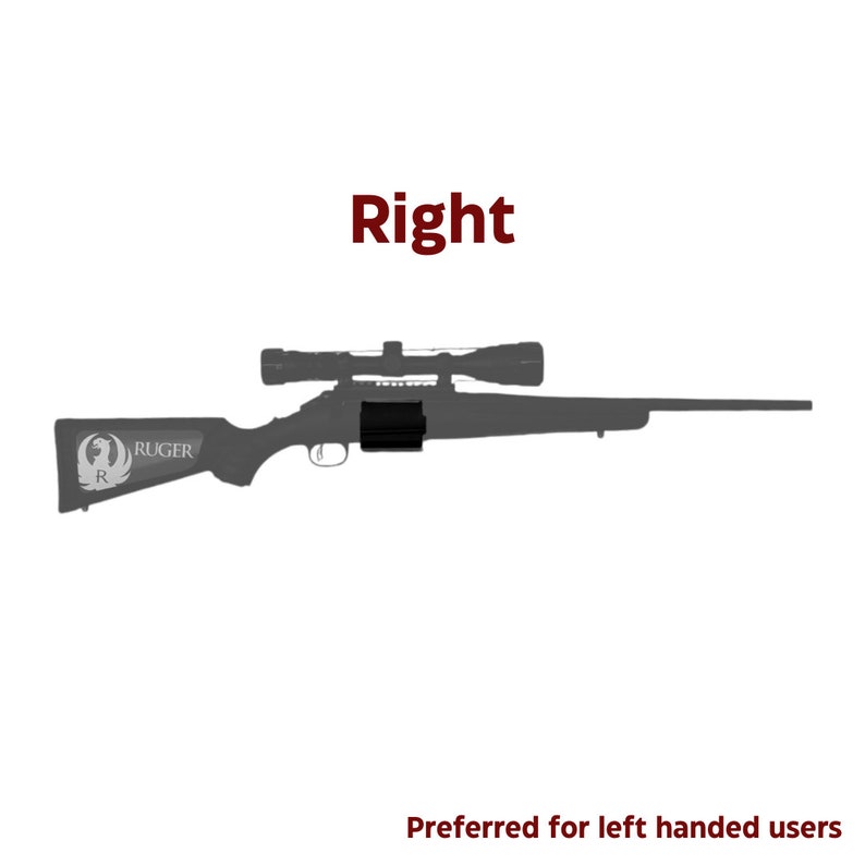 May include: A gray Ruger rifle with a scope mounted on top. The text "RUGER" is visible on the side of the rifle. The rifle is labeled "Right" and is described as "Preferred for left handed users".