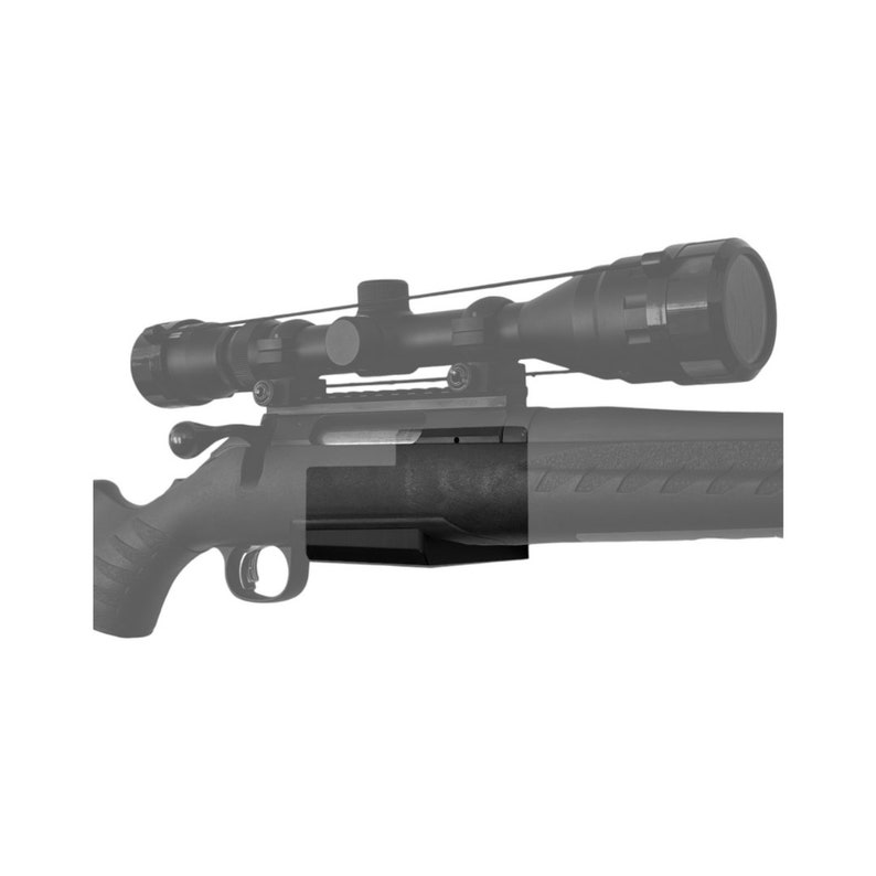 May include: A black rifle with a scope attached. The rifle has a textured grip and a black stock.