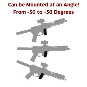 May include: Three gray silhouettes of rifles with black attachments mounted at different angles. The text "Can be Mounted at an Angle! From -30 to +30 Degrees" is displayed above the images.