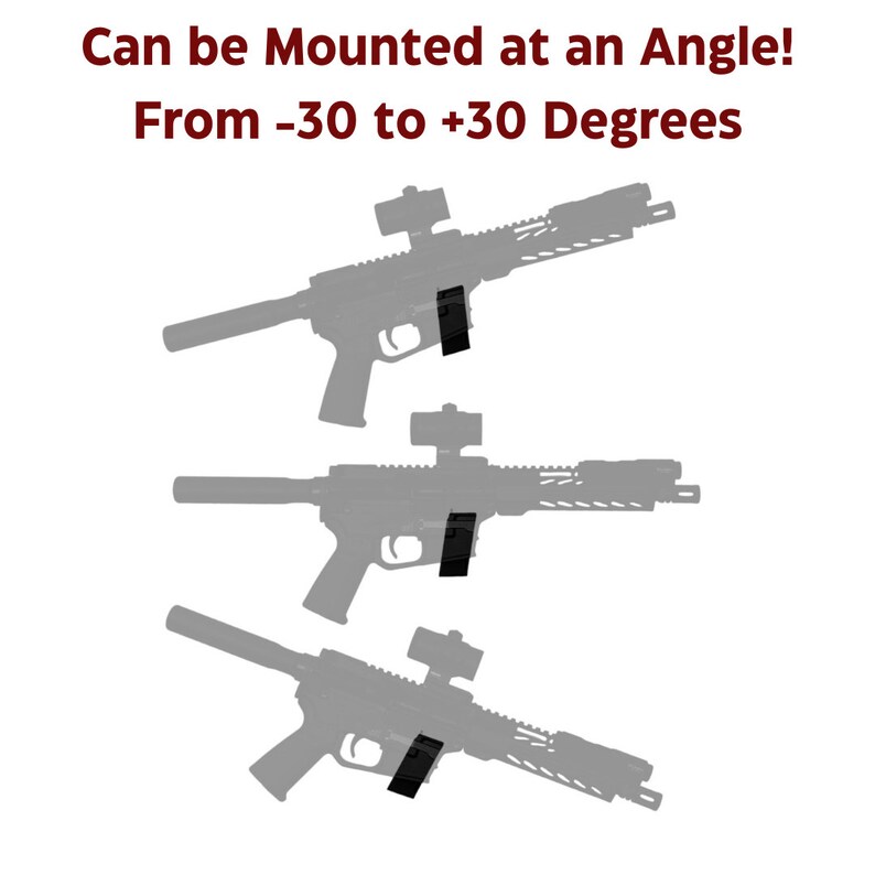May include: Three gray silhouettes of rifles with black attachments mounted at different angles. The text "Can be Mounted at an Angle! From -30 to +30 Degrees" is displayed above the images.