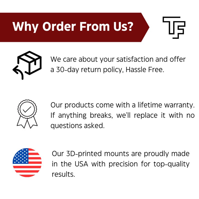 May include: Why Order From Us?  A graphic with three icons representing a 30-day return policy, a lifetime warranty, and products made in the USA.