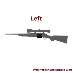 May include: A gray rifle with a scope mounted on top. The scope is positioned on the left side of the rifle. The text "Left" is written in red above the rifle. The text "Preferred for Right handed users" is written in red below the rifle.