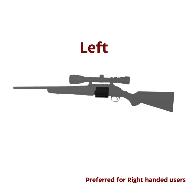 May include: A gray rifle with a scope mounted on top. The scope is positioned on the left side of the rifle. The text "Left" is written in red above the rifle. The text "Preferred for Right handed users" is written in red below the rifle.